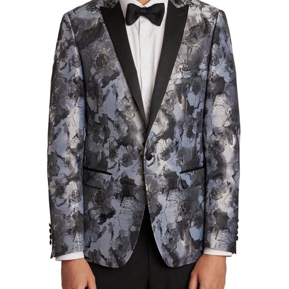 Paisley & Gray Blazer Men Size 42R Slim Fit Floral Shimmer Silver Preppy Elegant - Picture 1 of 15
